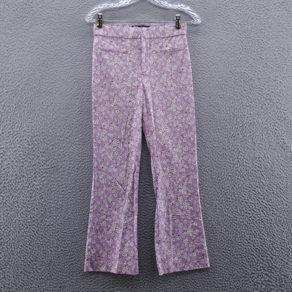 Zara Womens Cropped Kick Flare Pants Small Purple White Floral Stretch Twill
